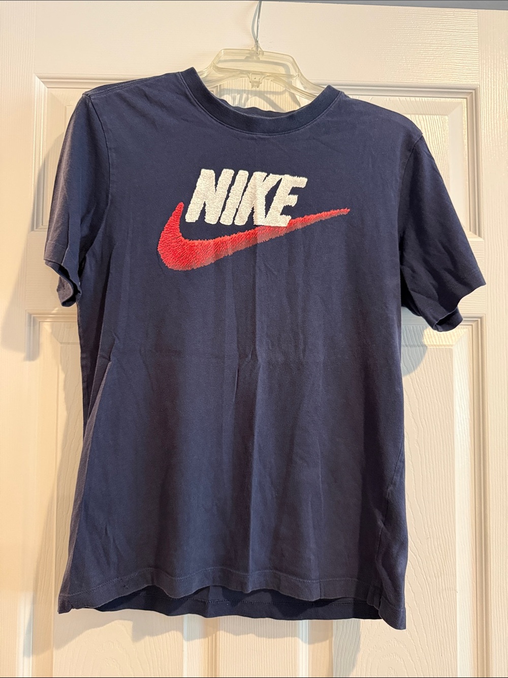 Nike Navy Short-Sleeve Tee with Red Swoosh and White Logo